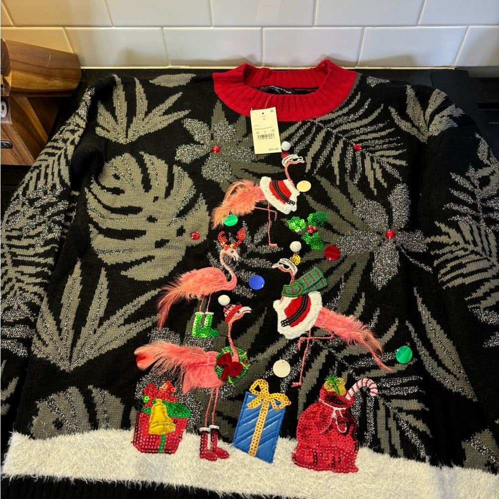 33 Degrees NWT tacky Christmas sweater flamingo size medium